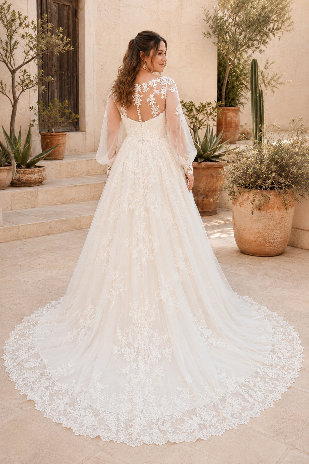Ivory Plus Size High Neck Illusion Lace A-Line Wedding Dress with Long Sleeves and Train Style MG_700553 back view