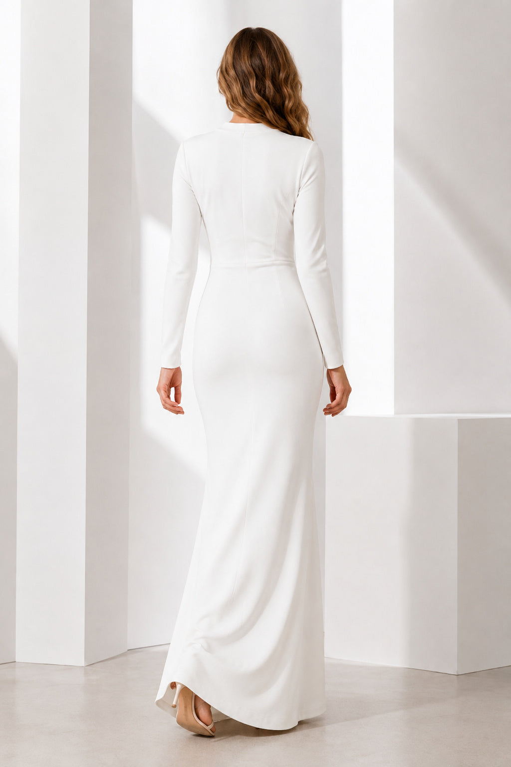 Ivory Long Sleeve High Neck Formal Dress back view