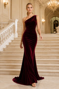 Burgundy One-Shoulder Velvet Mermaid Evening Dress with Ruched Bodice and Sweep Train front view