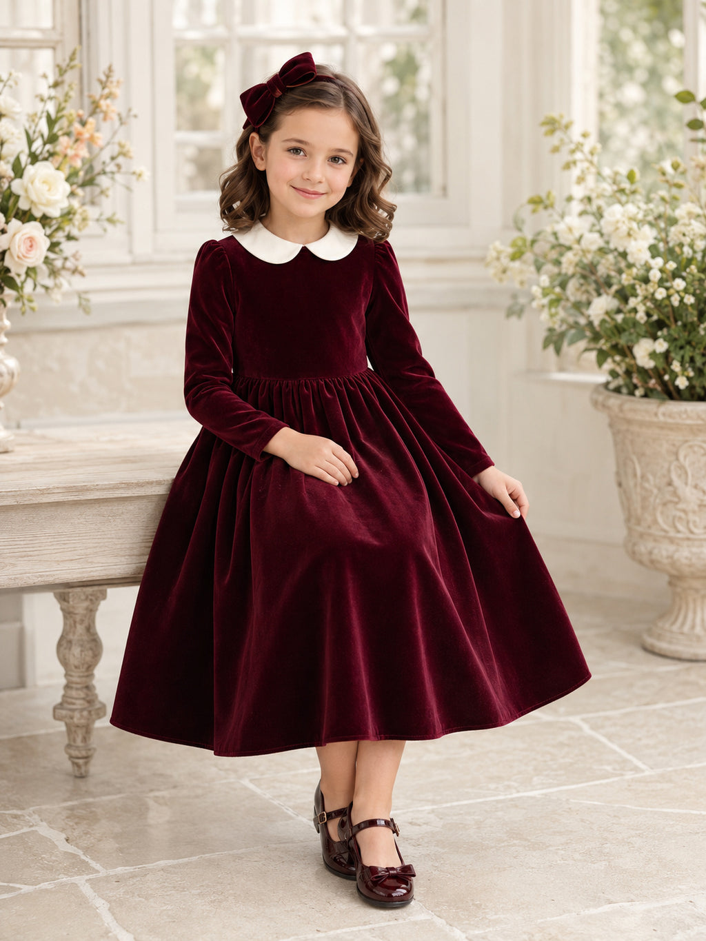 Burgundy Vintage Tea-Length A-Line Velvet Long Sleeve Princess Flower Girl Dress front view