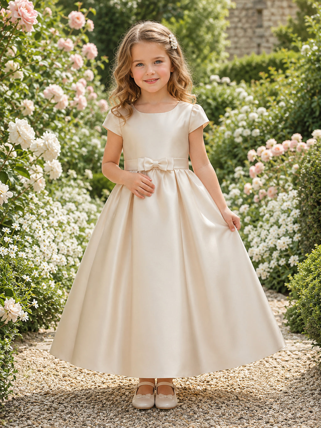 Elegant Ankle-Length A-Line Garden Flower Girl Champagne Satin Floral Cap Sleeve Bateau Dress front view
