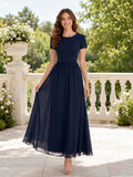 Dark Navy Modest Short Sleeve Chiffon A-Line Ankle Length Konfirmation Gown front view