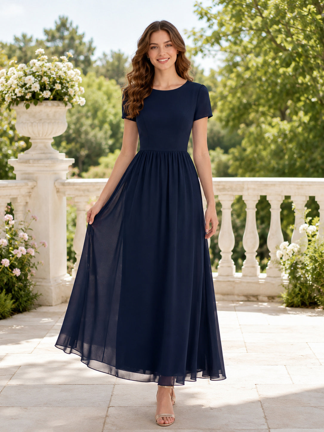 Dark Navy Modest Short Sleeve Chiffon A-Line Ankle Length Konfirmation Gown front view