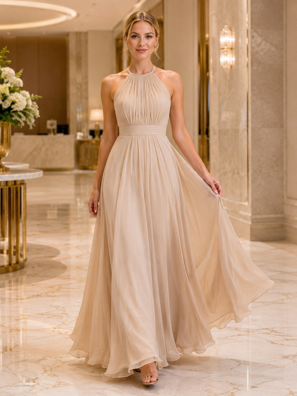 Champagne Halter Chiffon A Line Evening Dress front view