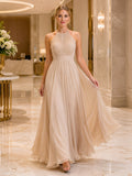 Champagne Halter Chiffon A Line Evening Dress front view