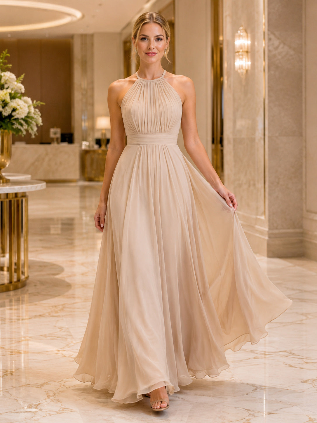 Champagne Halter Chiffon A Line Evening Dress front view