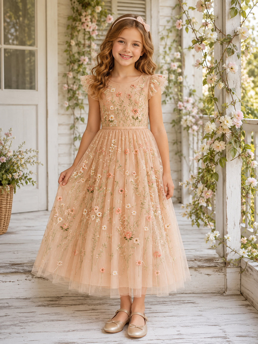 Romantic Floral Embroidery Tulle Flower Girl Tea-Length Illusion Sleeve Garden Dress front view