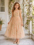 Romantic Floral Embroidery Tulle Flower Girl Tea-Length Illusion Sleeve Garden Dress front view