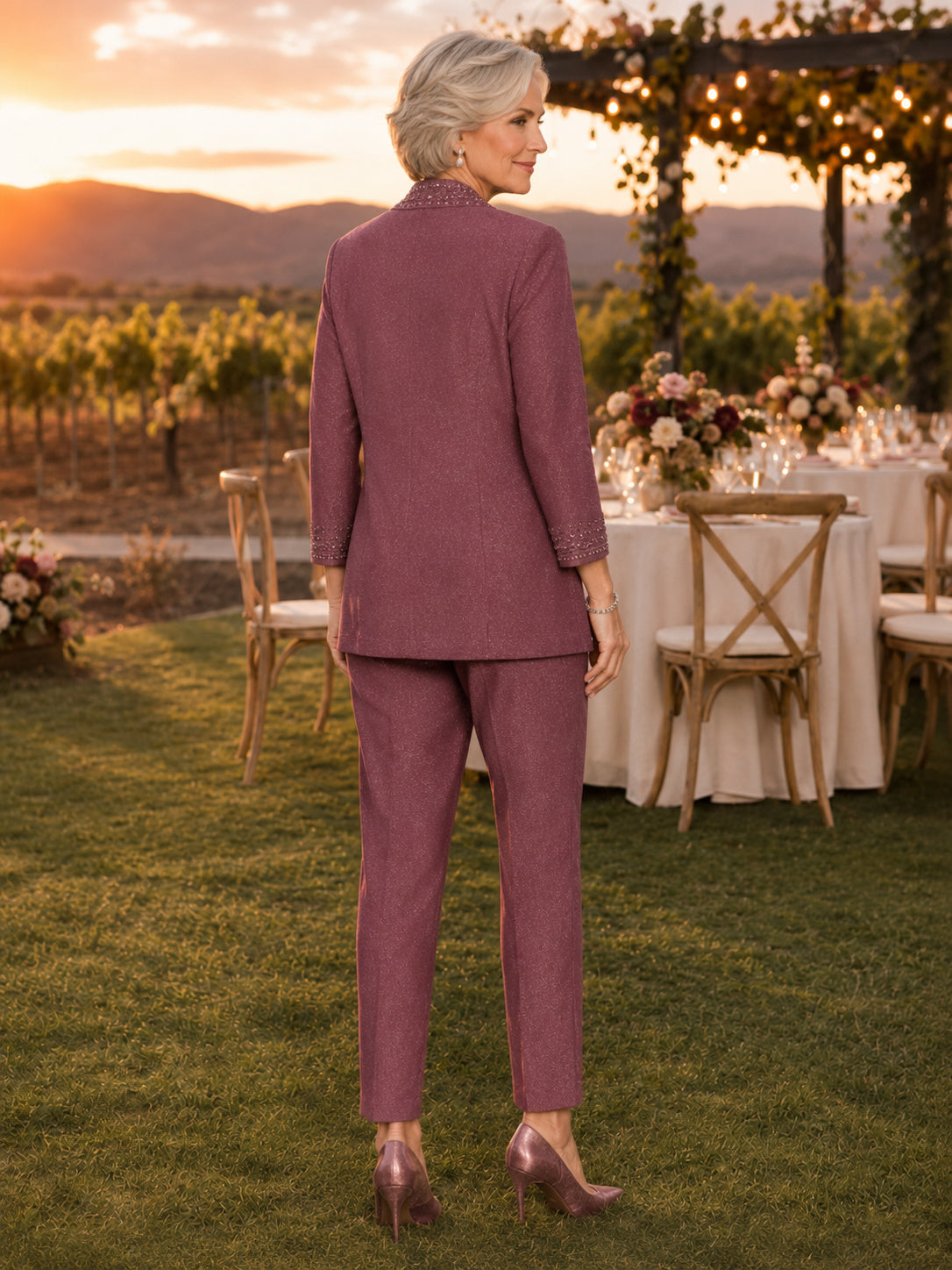 Vintage Mauve Luxury Glitter-Beaded Long-Jacket Tapered Mother of the Bride Pantsuit with Three-Quarter Sleeves and Embellish