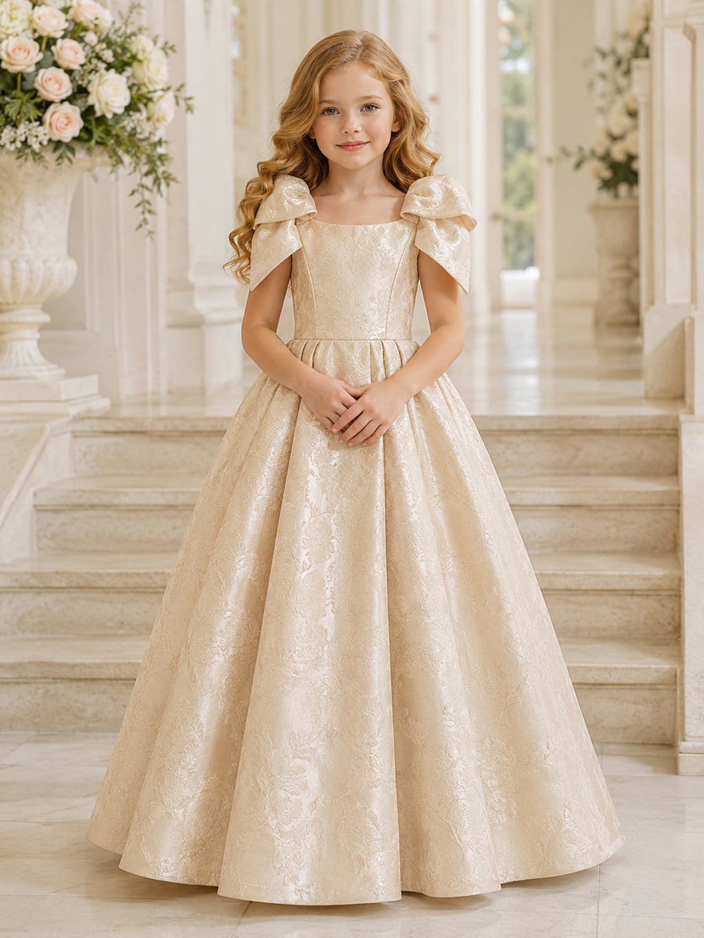 Champagne Sculptural Bow A-Line Textured Taffeta Flower Girl Dress, Short Sleeve Cap, Off-the-shoulder Tea-Length Formal fron
