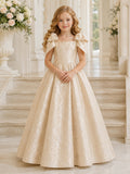 Champagne Sculptural Bow A-Line Textured Taffeta Flower Girl Dress, Short Sleeve Cap, Off-the-shoulder Tea-Length Formal fron