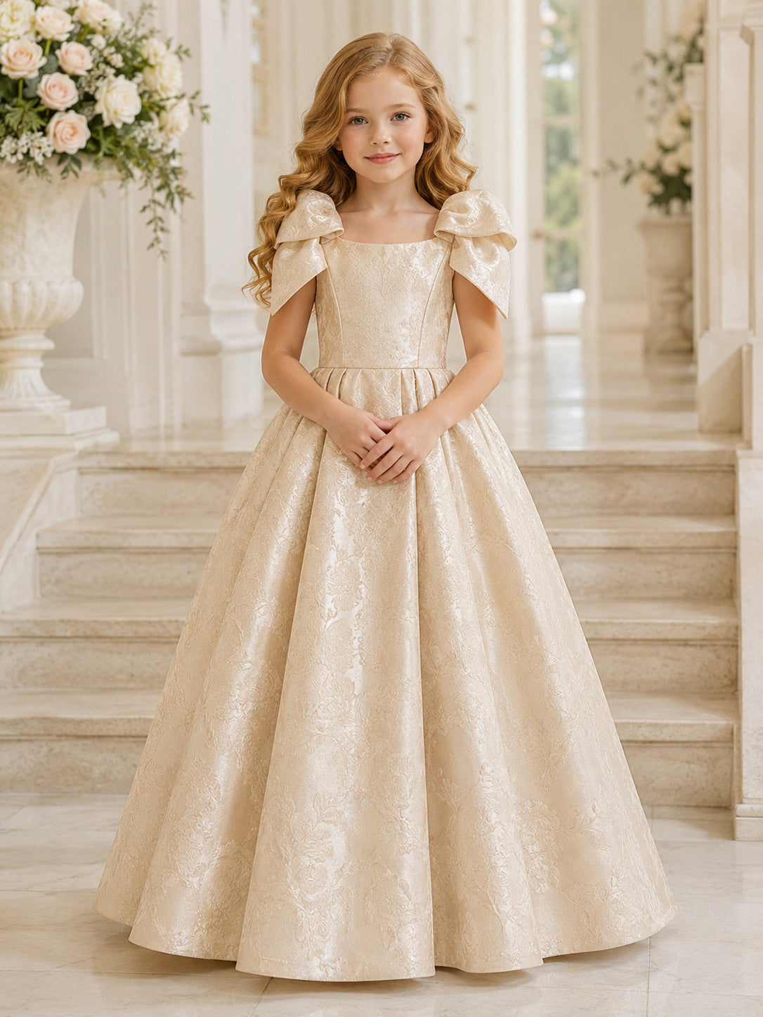 Champagne Sculptural Bow A-Line Textured Taffeta Flower Girl Dress, Short Sleeve Cap, Off-the-shoulder Tea-Length Formal fron