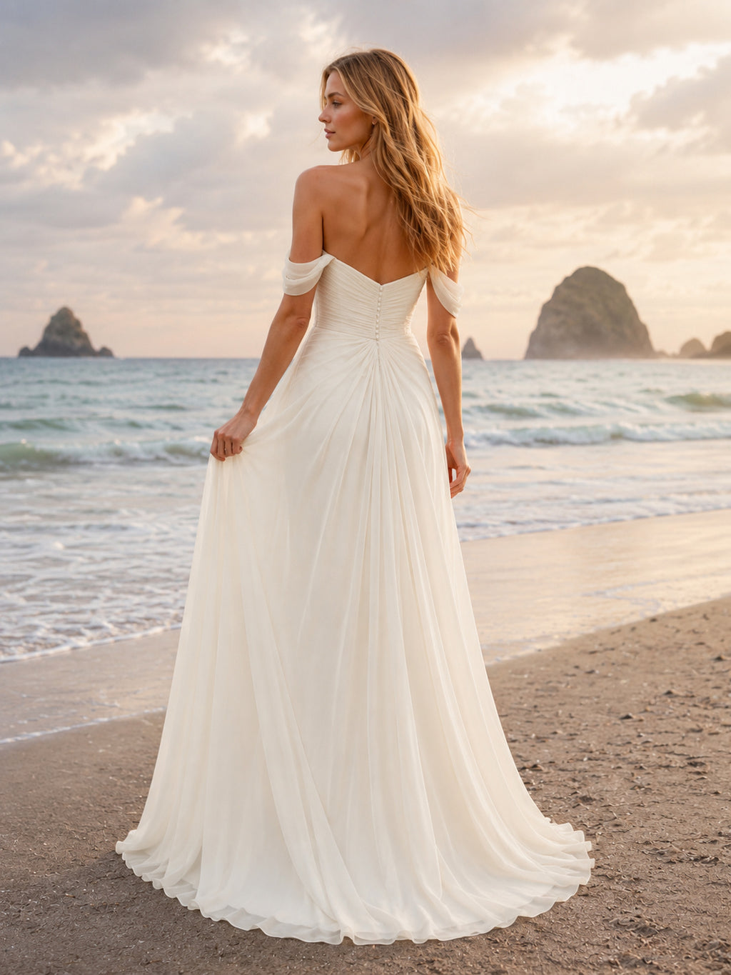 Ruched Chiffon Off-Shoulder Windswept Beach Elopement Bridal Gown back view