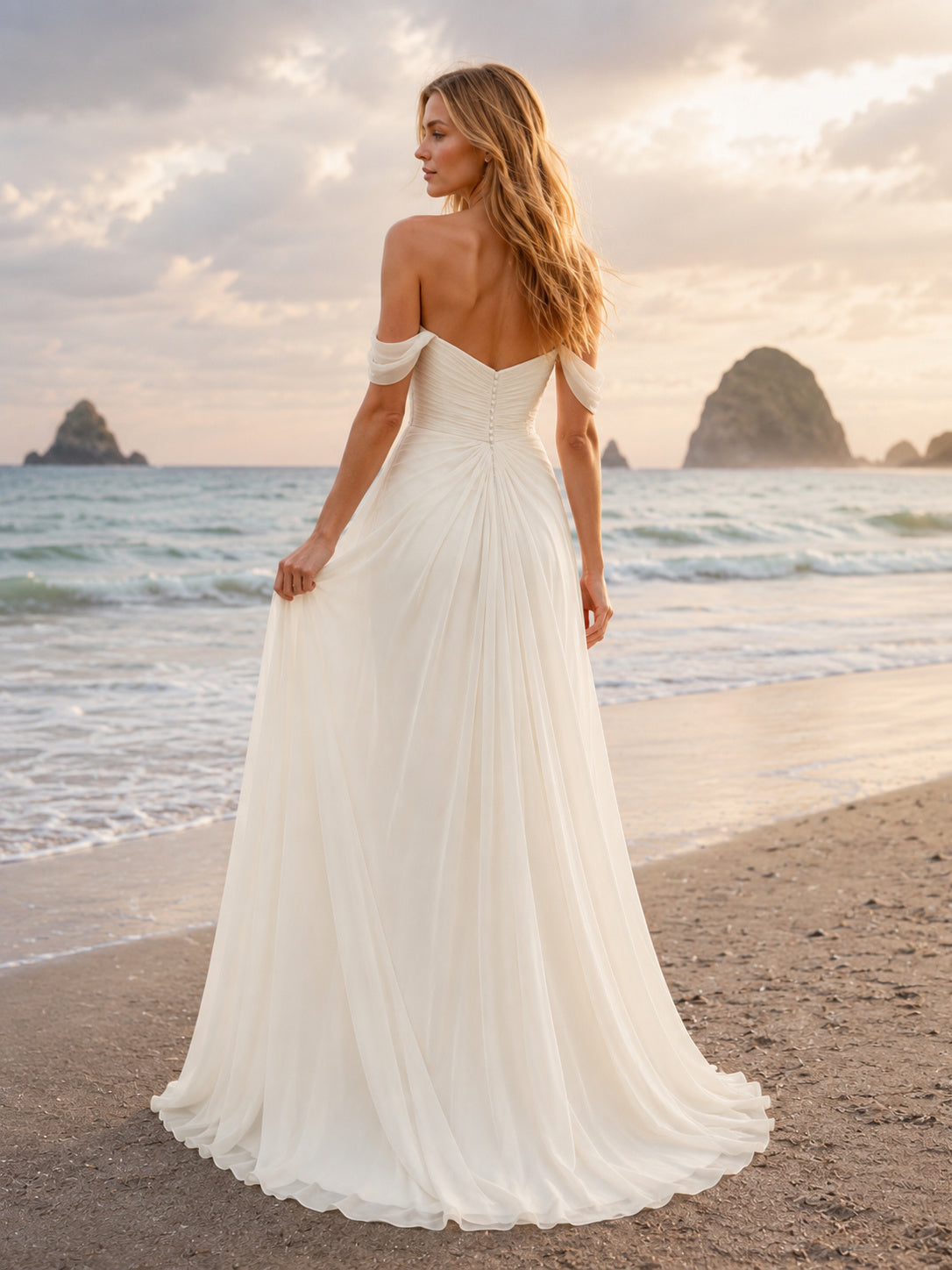 Ruched Chiffon Off-Shoulder Windswept Beach Elopement Bridal Gown back view