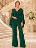 Emerald Green Luxury V-Neck Wrap Wide-Leg Mother of the Bride Pantsuit with Layered Long Cape Sleeves and V-Back front view