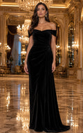 Black Off Shoulder Velvet Evening Gown in Luxury Ballroom with Draped Waist front view