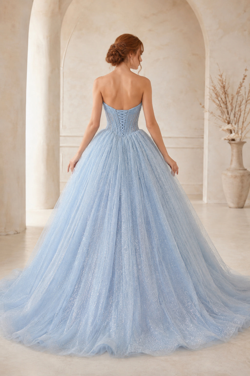 Sky Blue Strapless Tulle Ball Gown with Full Skirt and Soft Sweep Train Floor Length And Sweep/Brush Train Ball Gown Prom Dre