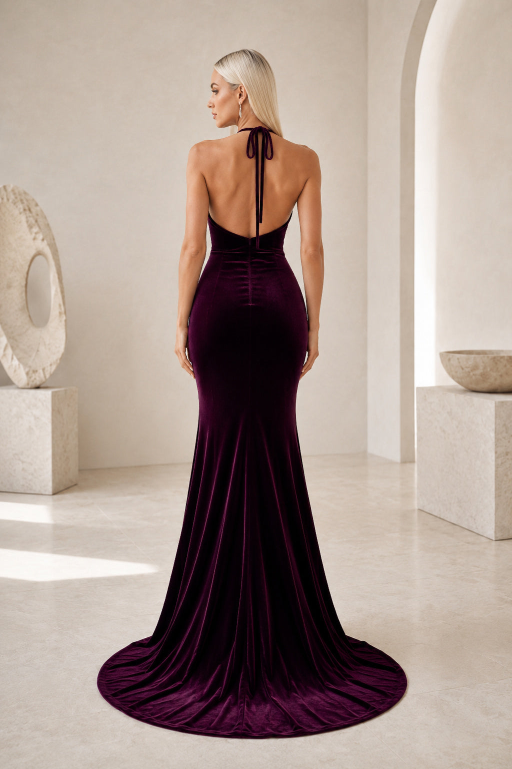 Evening Gown Plum Velvet Mermaid Halter Sleeveless Draped Sweep Train back view