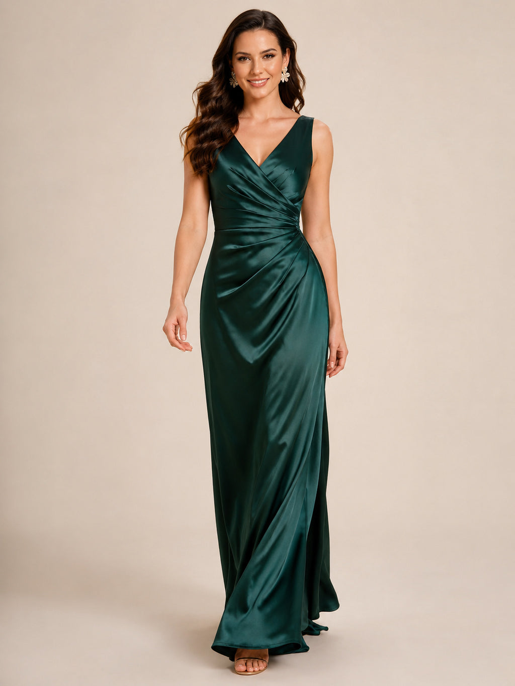 Emerald satin V-neck ruched sheath floor length formal dress front view