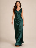 Emerald satin V-neck ruched sheath floor length formal dress front view