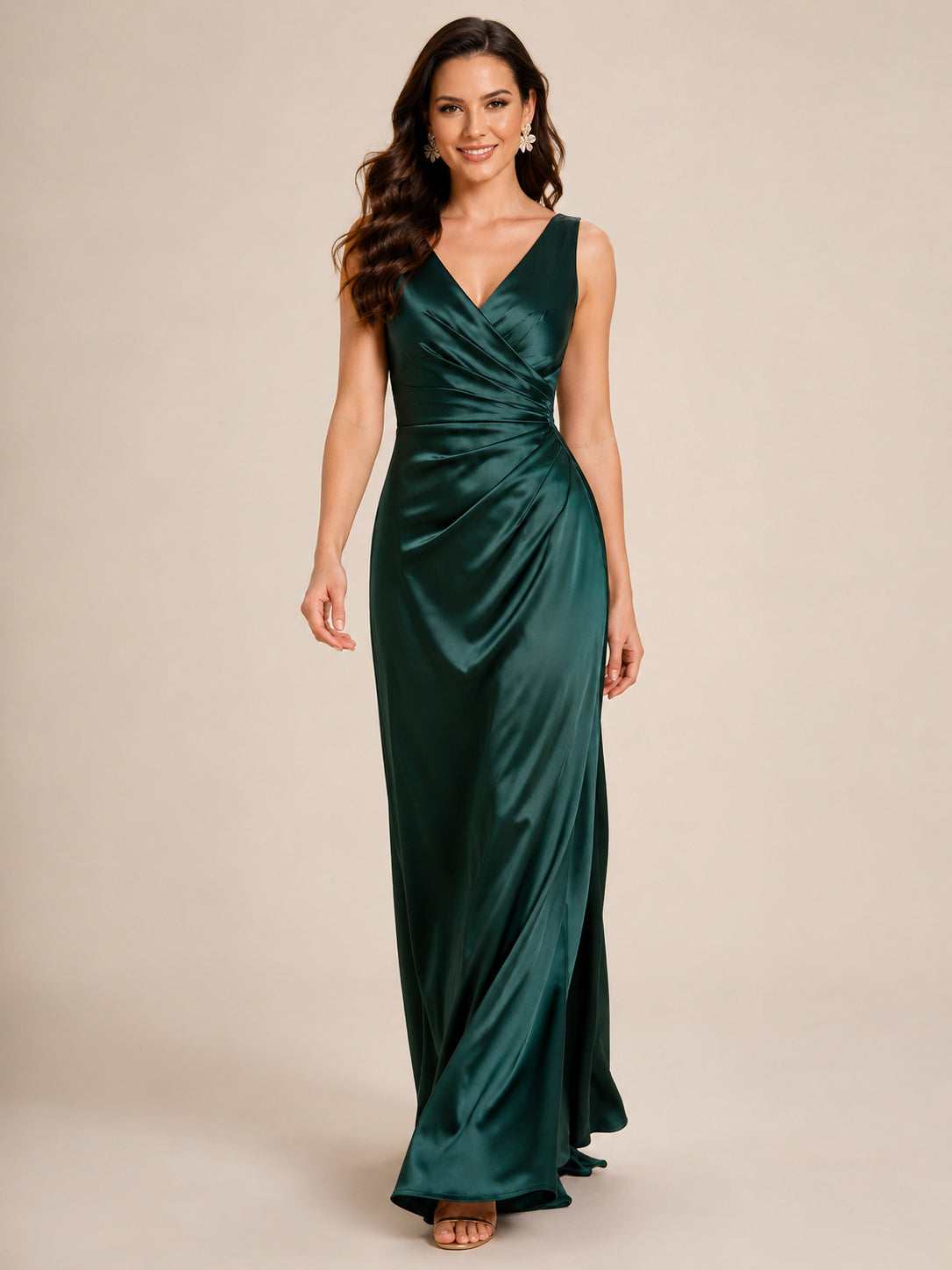Emerald satin V-neck ruched sheath floor length formal dress front view