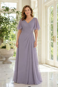 Lavender V-Neck Chiffon Mother Dress with Flutter Sleeves and Ruched Waist for Evening Reception front view