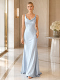 Light blue cowl neck sleeveless satin floor length sheath dress front view