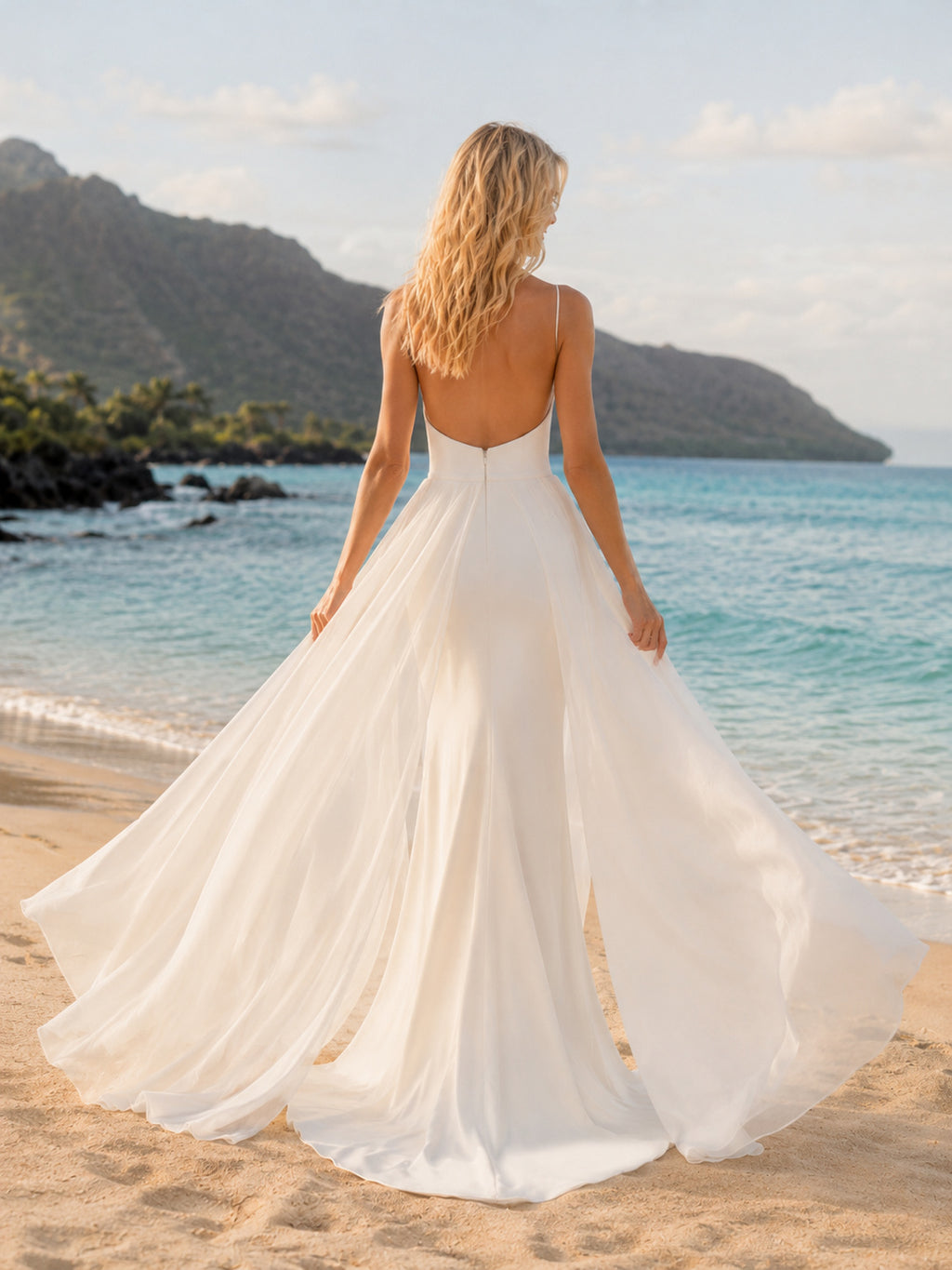 Modern Square Neck Spaghetti Sheath Chiffon Overskirt Beach Wedding Dress back view
