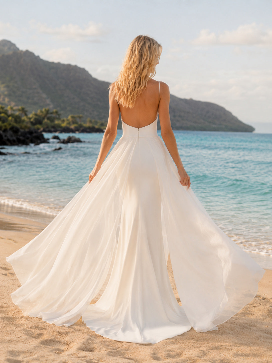 Modern Square Neck Spaghetti Sheath Chiffon Overskirt Beach Wedding Dress back view