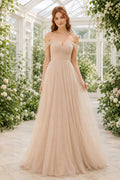 Champagne Strapless Tulle A-Line Wedding Dress with Sweetheart Neck and Soft Full Skirt front view