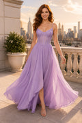 Prom Dress Lavender Tulle A-Line Spaghetti Strap with Slit Floor Length front view