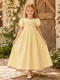 Flower Girl Dress Daffodil Chiffon A-Line Short Sleeve Scoop Neck Tea Length Floral Applique front view