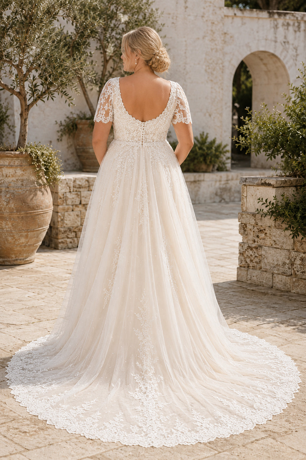 Ivory Plus Size Short Sleeve Lace A-Line Wedding Dress with Square Neck and Soft Train back view
