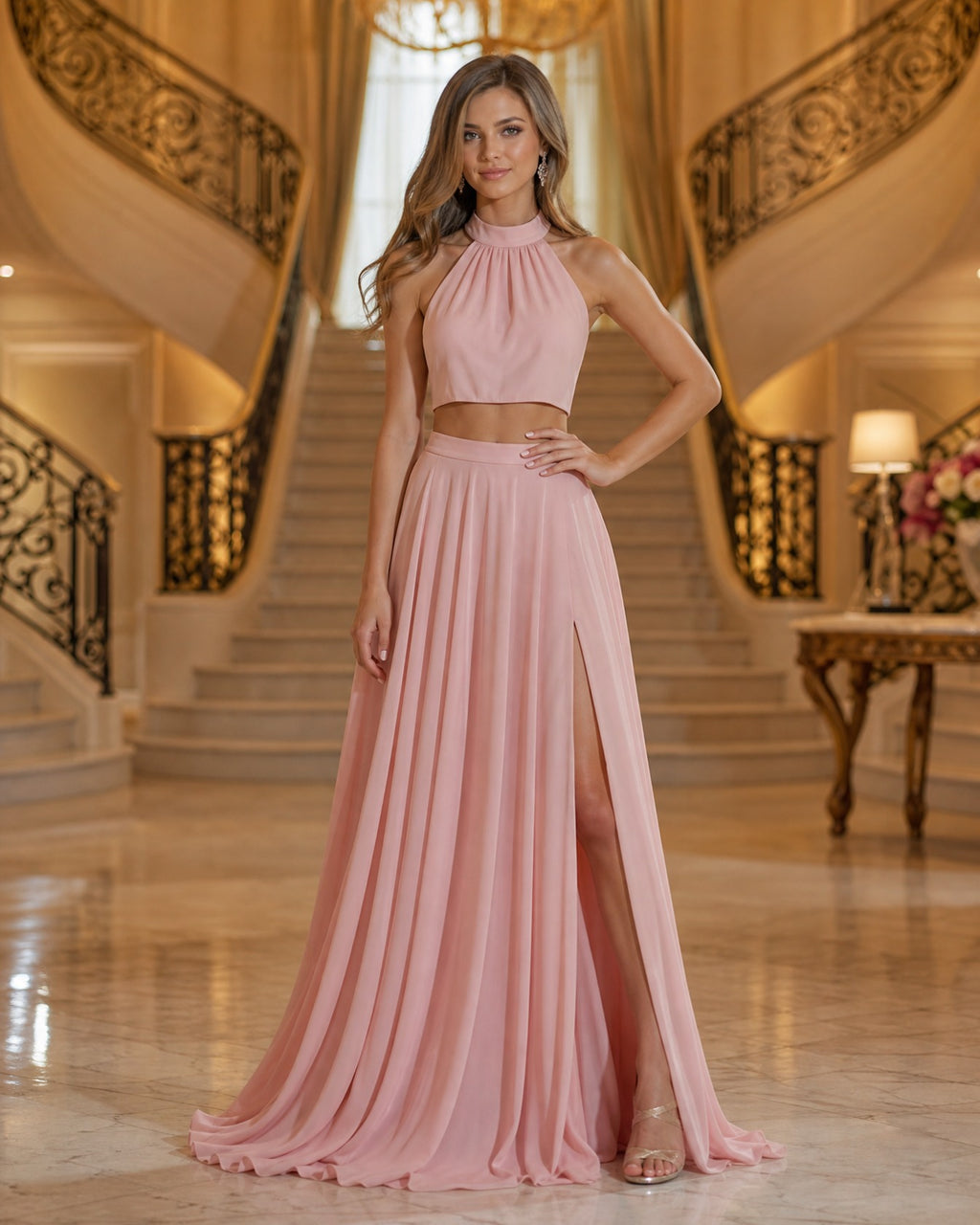 Blush Two-Piece Halter Floor-Length Chiffon A-Line Dress