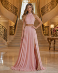 Blush Two-Piece Halter Floor-Length Chiffon A-Line Dress