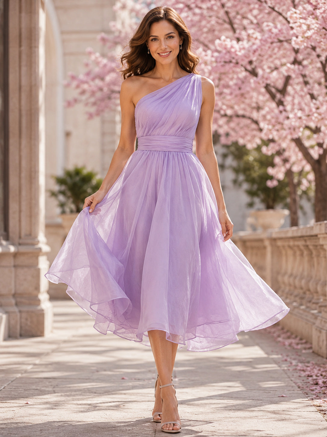 Lavender One Shoulder Organza A Line Spring Midi Dress front view
