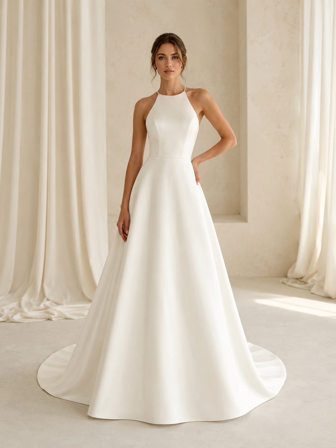 Modern Minimalist Satin Wedding Dress A-Line Halter Sleeveless Sweep Train Keyhole Back Bridal Gown front view