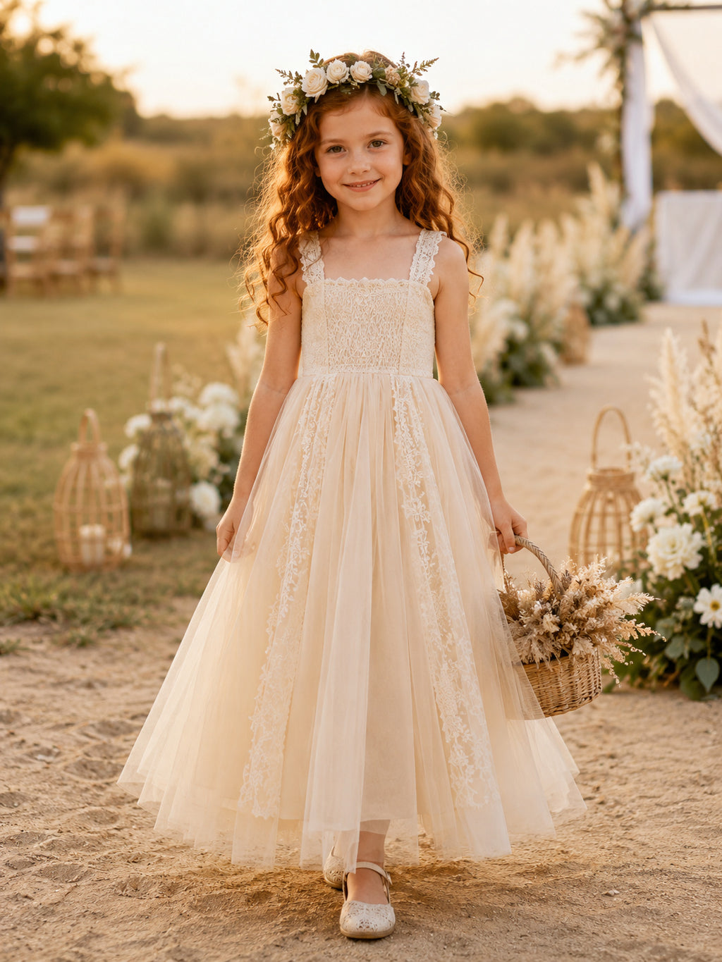 Flower Girl Dress Blush Tulle A-Line Scoop Neck Ankle Length Sash Detail front view