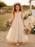 Flower Girl Dress Blush Tulle A-Line Scoop Neck Ankle Length Sash Detail front view