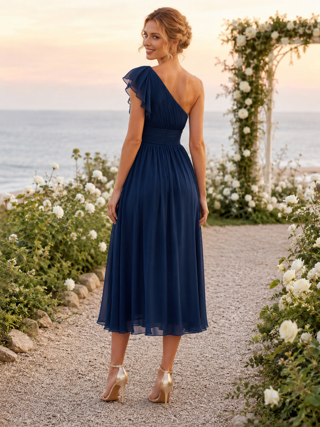 Dark Navy One Shoulder Ruffle Chiffon Tea Length Guest Dress back view