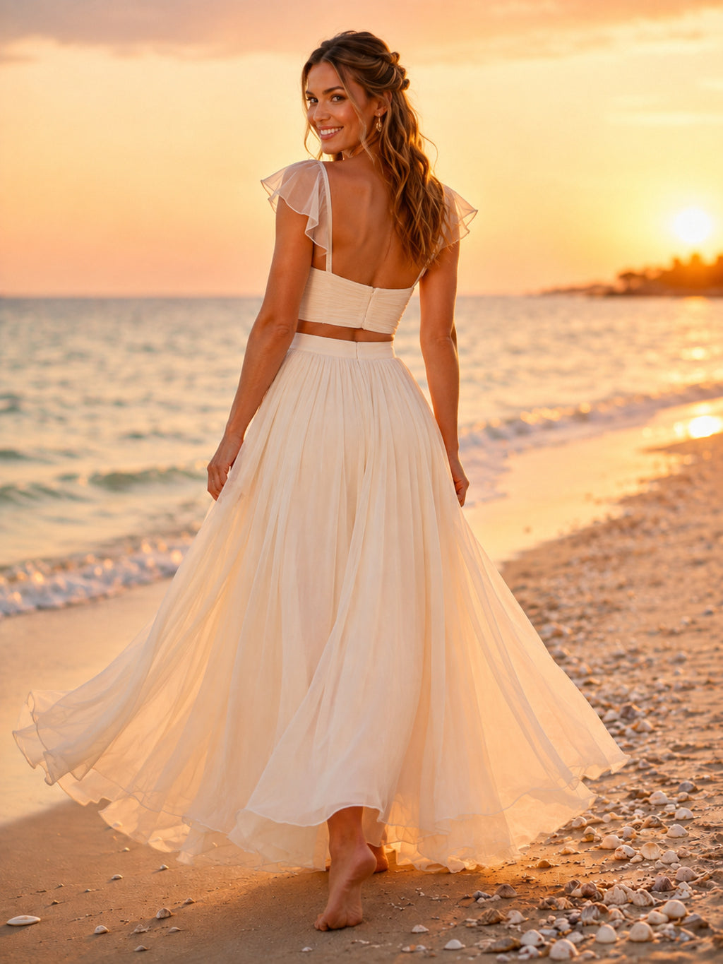 Flutter Strap Sweetheart Crop Top Chiffon Sunset Bridal Set back view