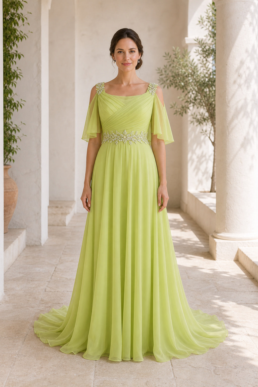 Lime Bateau Flutter Sleeve A-Line Chiffon Floor-Length Dress With V-back