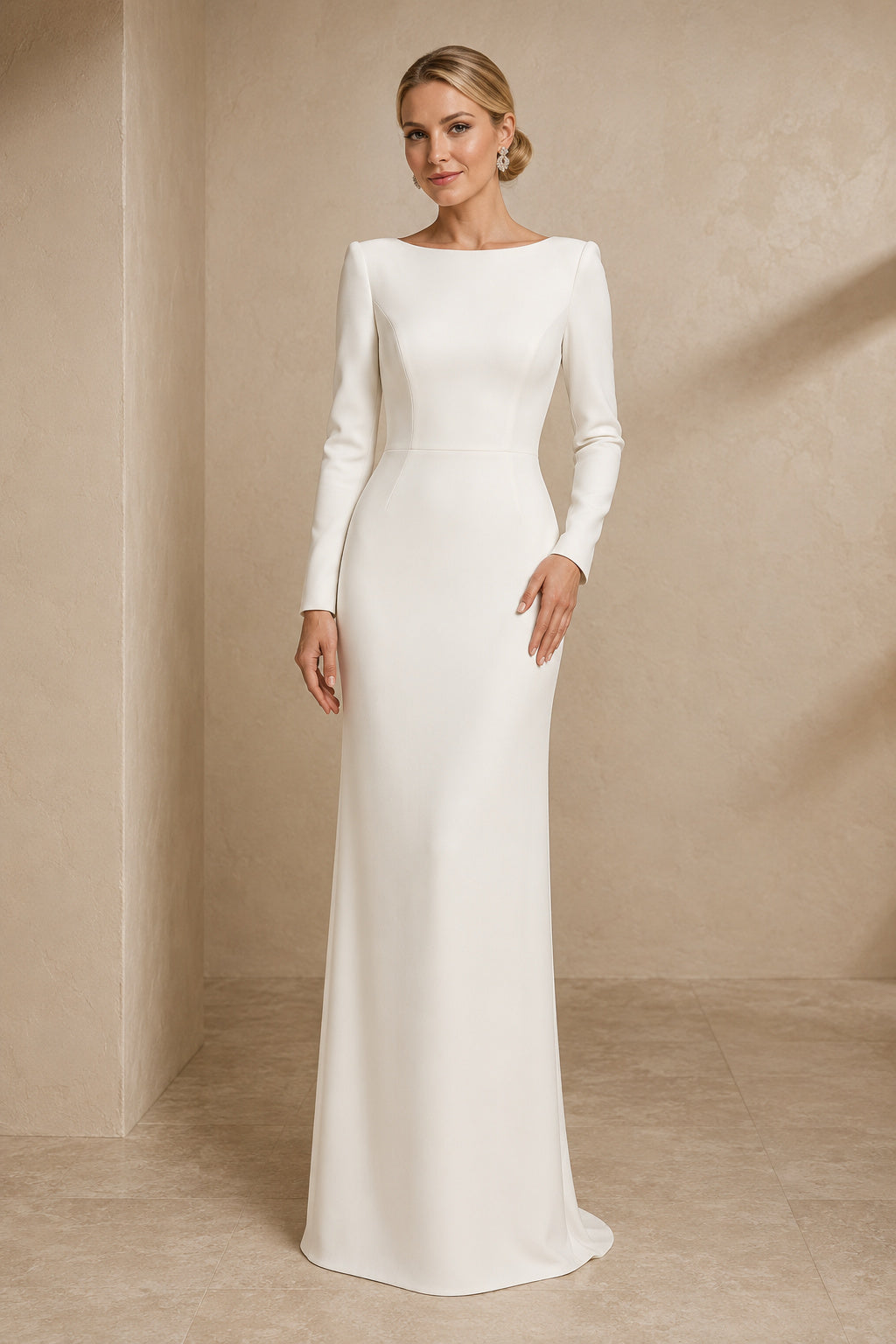 Ivory bateau neck long sleeve sheath wedding dress with clean floor length skirt Floor-length Sheath Wedding Dress front view