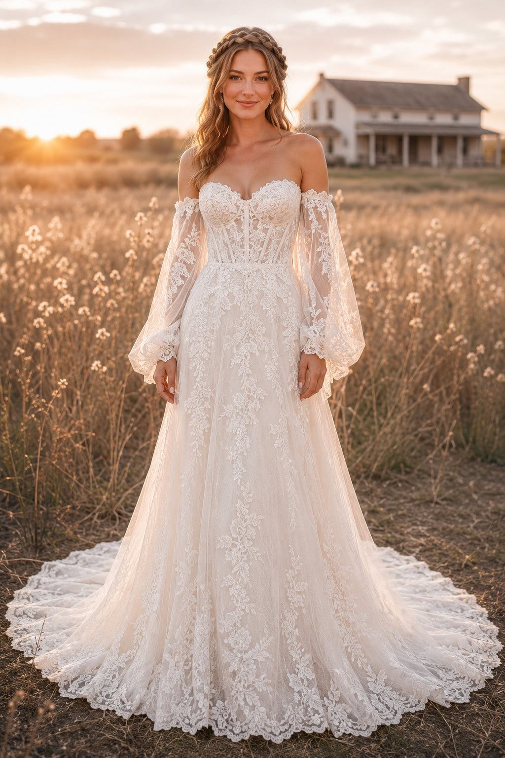 Off the Shoulder Bell Sleeve Wedding Dress with Lace Bodice and Sweep Train for Rustic Garden Ceremony front view