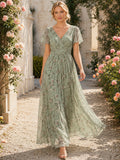 Sage Rose Garden Wedding Guest Dress A-Line Chiffon V-Neck Short Sleeve Floor-Length Floral Ruched front view