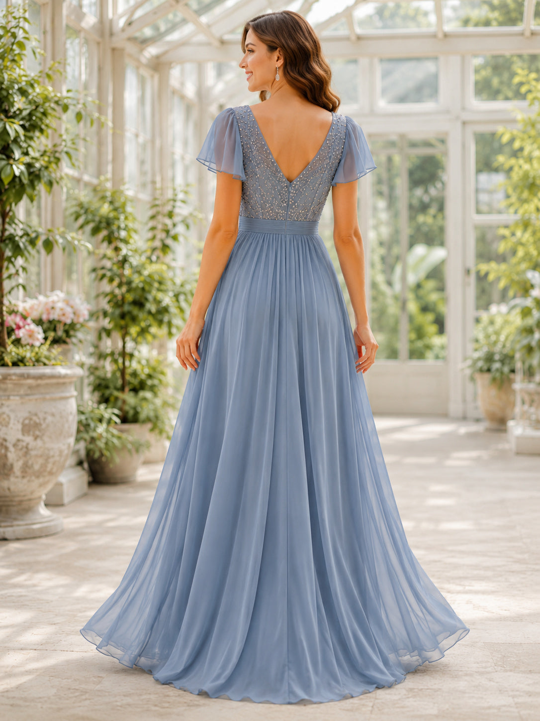 Steel Blue V-Neck Soft Glam Chiffon Dress back view