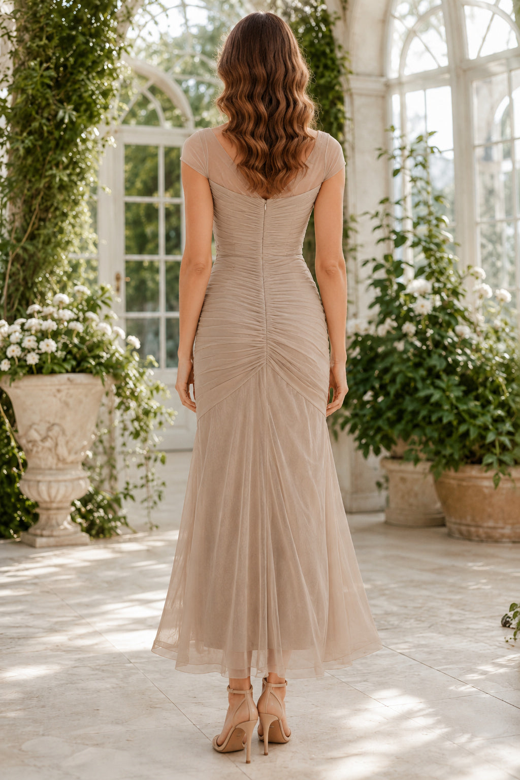 Taupe Cowl Neck Ruched Tulle Tea-Length Dress back view
