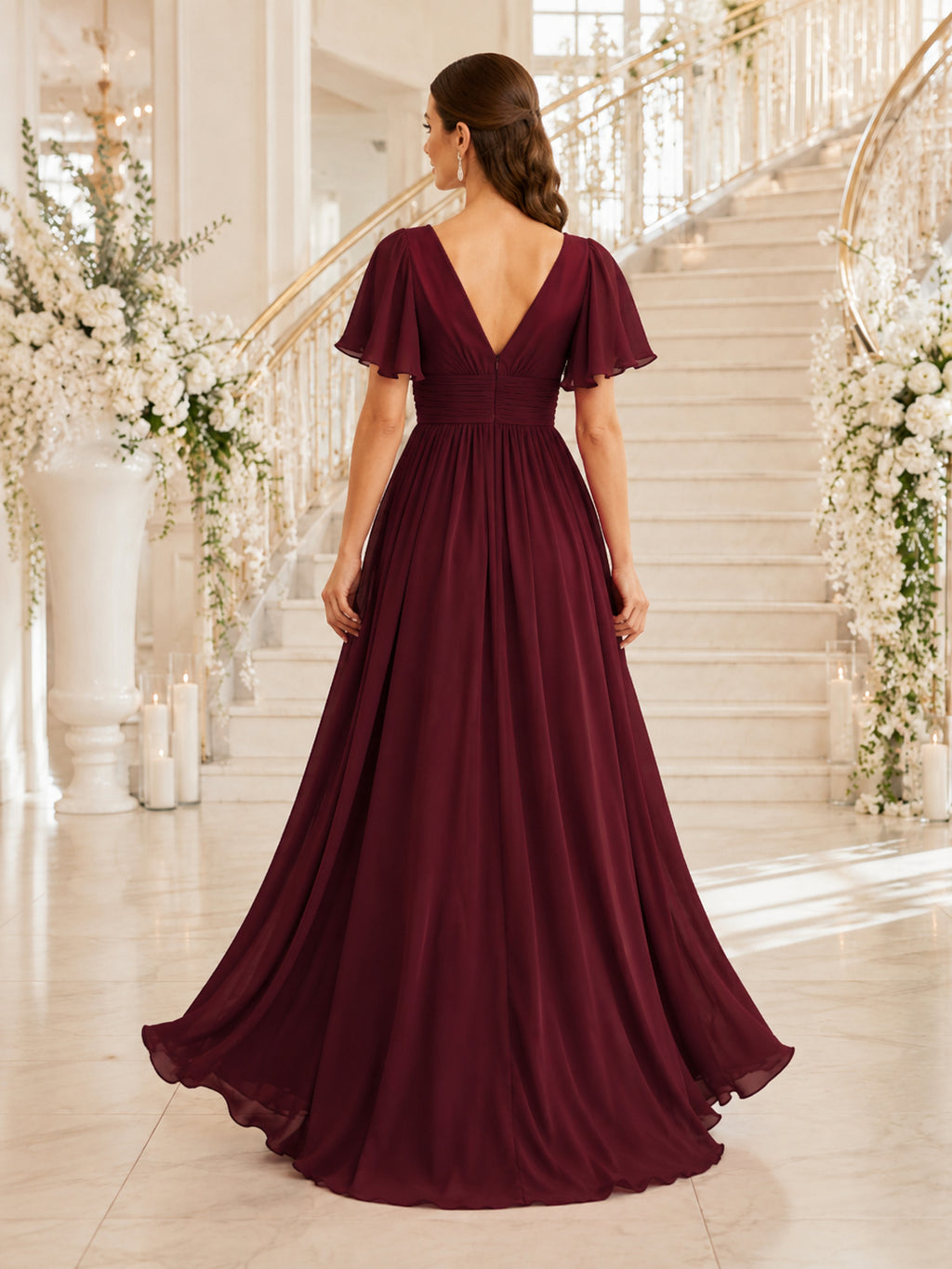 Burgundy Elegant Indoor Wedding Guest Bridesmaid Evening Formal Dress A-Line Floor-Length V-Neck Flutter Sleeve Chiffon Ruffl