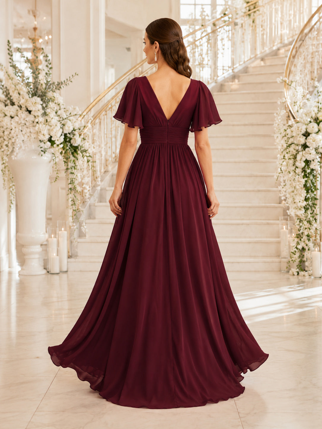 Burgundy Elegant Indoor Wedding Guest Bridesmaid Evening Formal Dress A-Line Floor-Length V-Neck Flutter Sleeve Chiffon Ruffl
