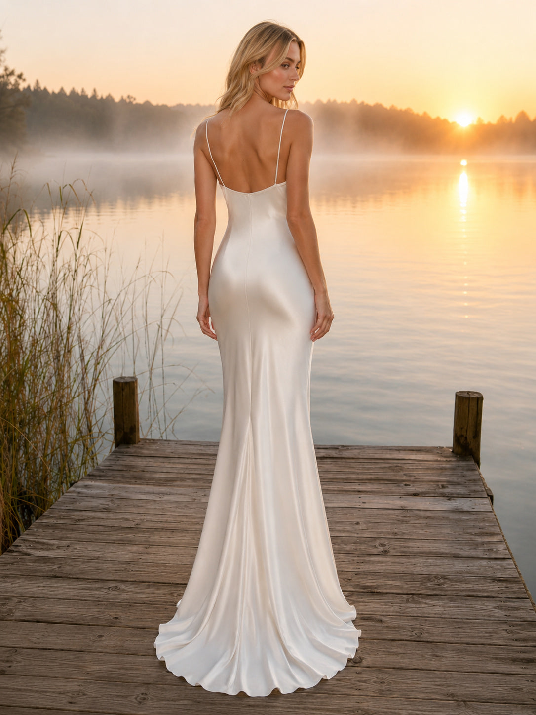 Cowl Neck Satin Slip Lakeside Dock Elopement Dress back view